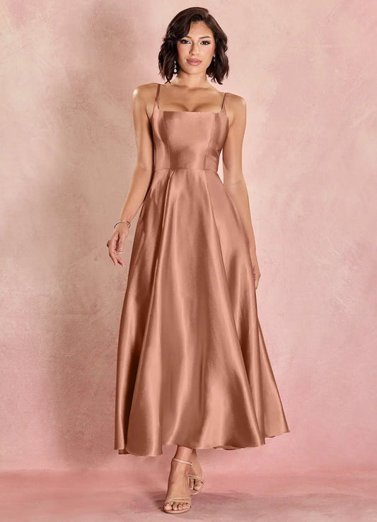Dusty Rose Spaghetti Strap Satin Midi Wedding Dress - Yihuiw by Yihuiw
