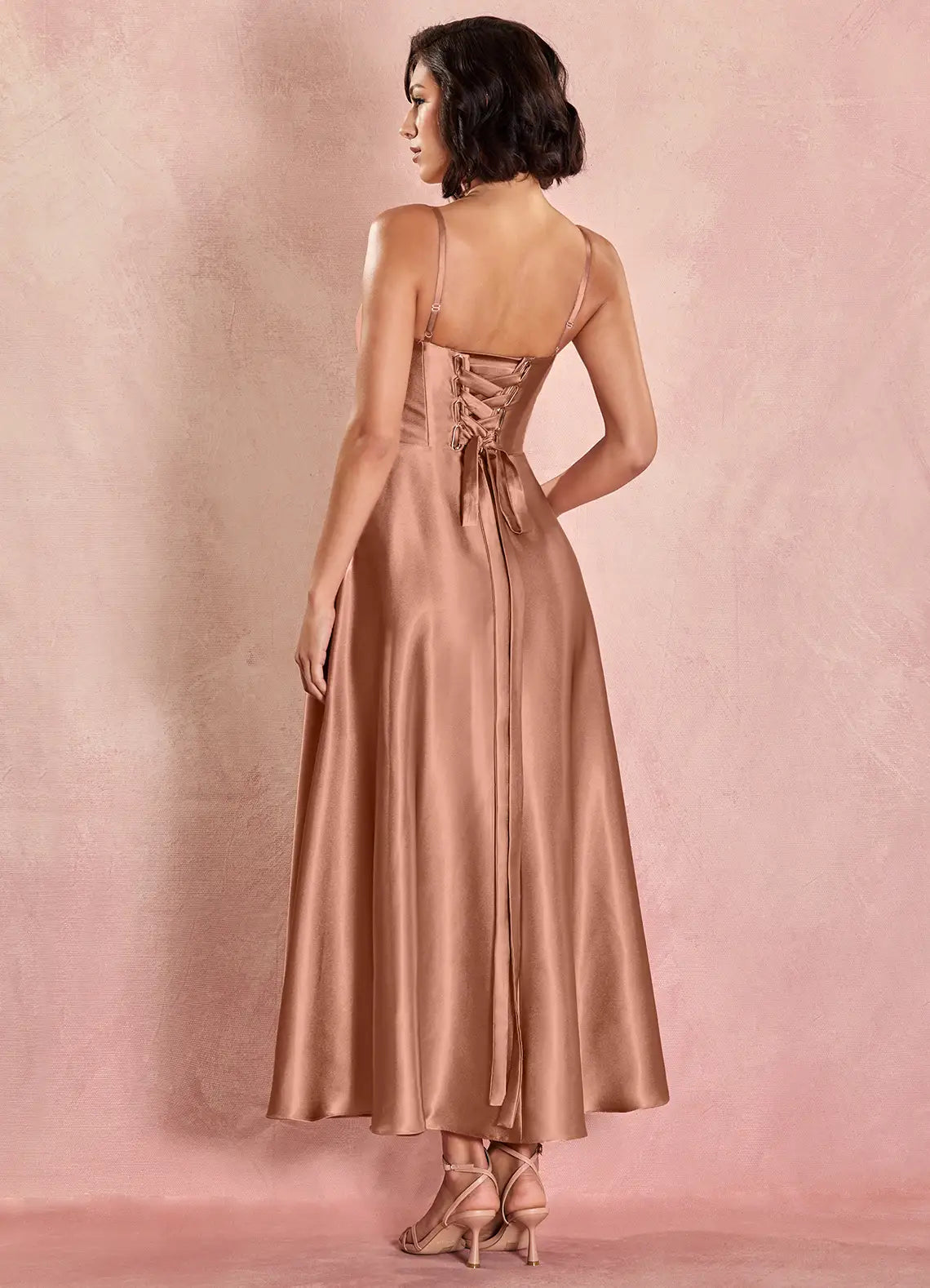 Dusty Rose Spaghetti Strap Satin Midi Wedding Dress - Yihuiw by Yihuiw