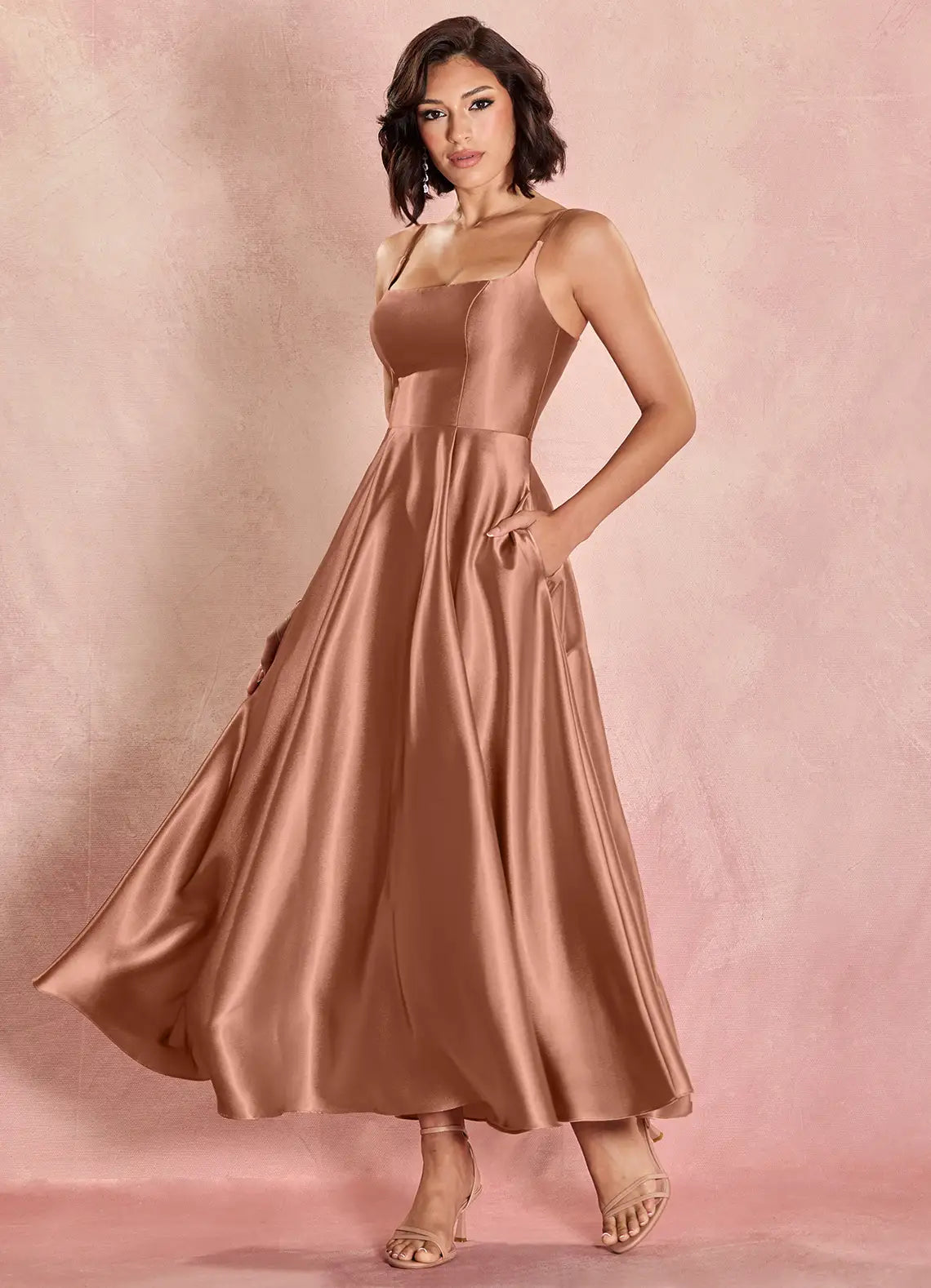Dusty Rose Spaghetti Strap Satin Midi Wedding Dress - Yihuiw by Yihuiw