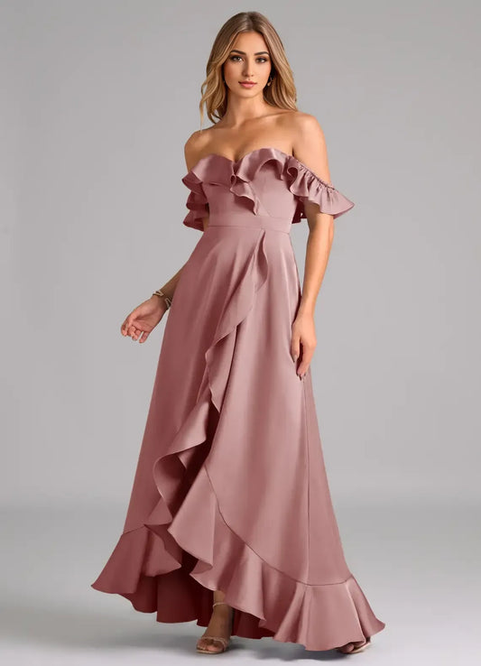 Dusty Rose Off-Shoulder Satin Ruffled Floor-Length Wedding Dress - Yihuiw by Yihuiw