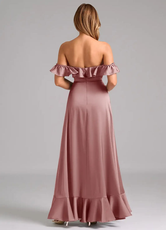 Dusty Rose Off-Shoulder Satin Ruffled Floor-Length Wedding Dress - Yihuiw by Yihuiw