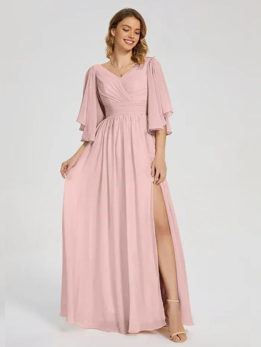 Dusty Rose A-Line V-Neck Chiffon Short Sleeve Lace-Up Back High Slit Floor-Length Wedding Dress - Yihuiw by Yihuiw