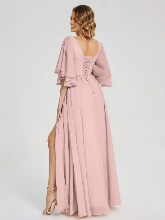Dusty Rose A-Line V-Neck Chiffon Short Sleeve Lace-Up Back High Slit Floor-Length Wedding Dress - Yihuiw by Yihuiw