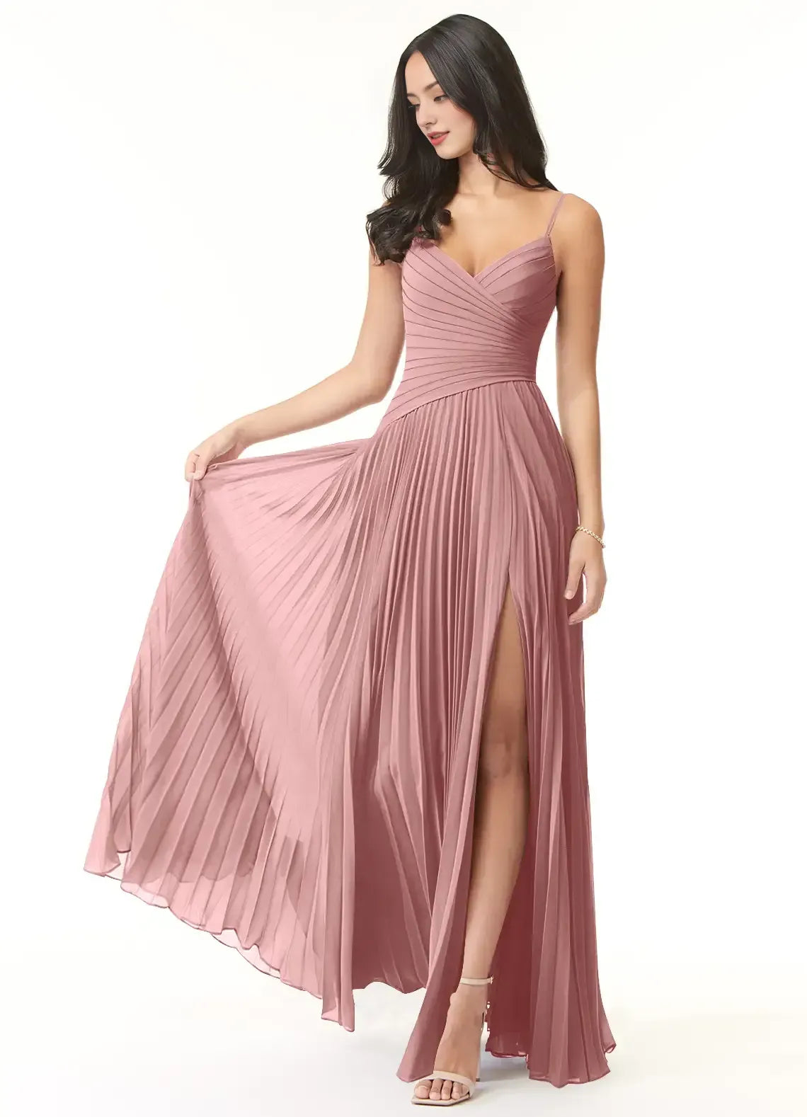 Dusty Rose A-Line V-Neck Chiffon High Slit Floor-Length Wedding Dress - Yihuiw by Yihuiw