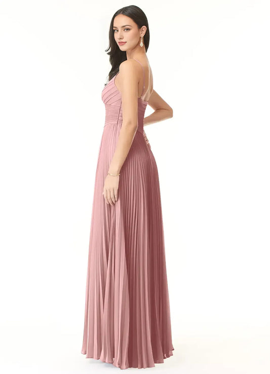 Dusty Rose A-Line V-Neck Chiffon High Slit Floor-Length Wedding Dress - Yihuiw by Yihuiw