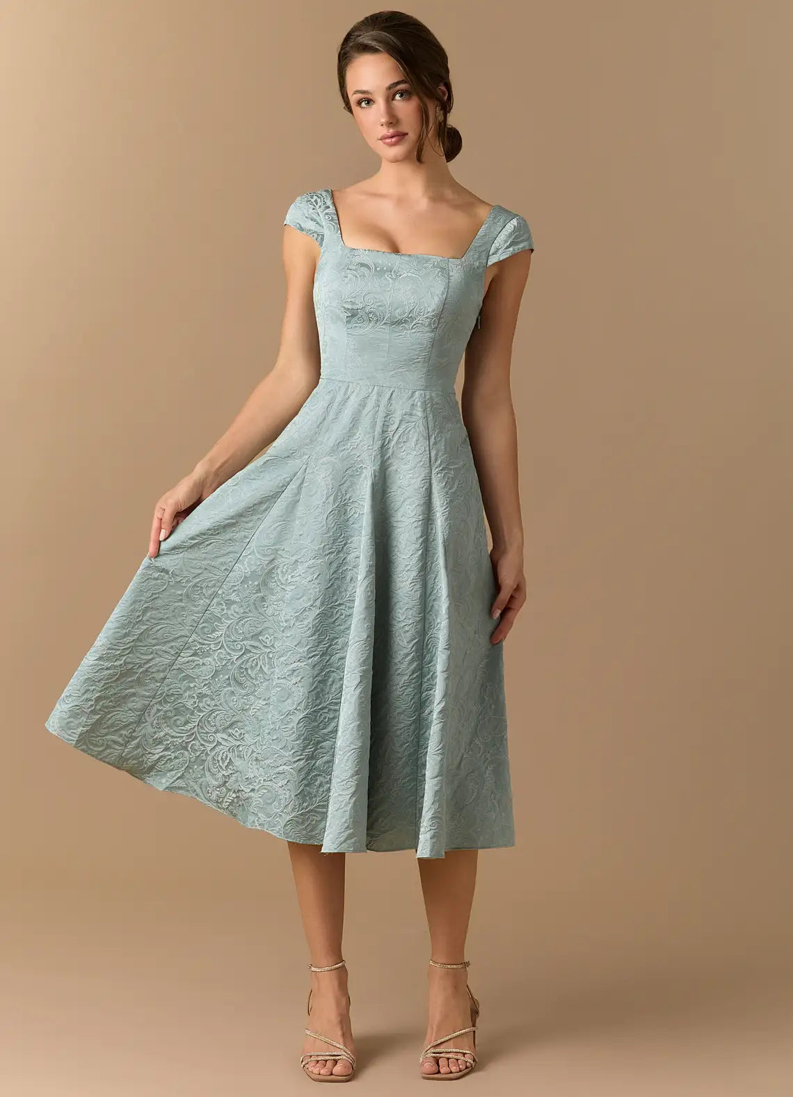 A-Line Square Neck Lace Cap Sleeve Midi Wedding Dress - Yihuiw by Yihuiw