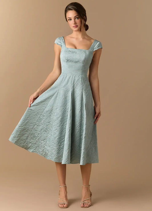 A-Line Square Neck Lace Cap Sleeve Midi Wedding Dress - Yihuiw by Yihuiw