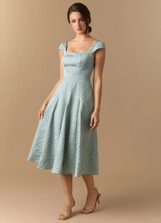 A-Line Square Neck Lace Cap Sleeve Midi Wedding Dress - Yihuiw by Yihuiw
