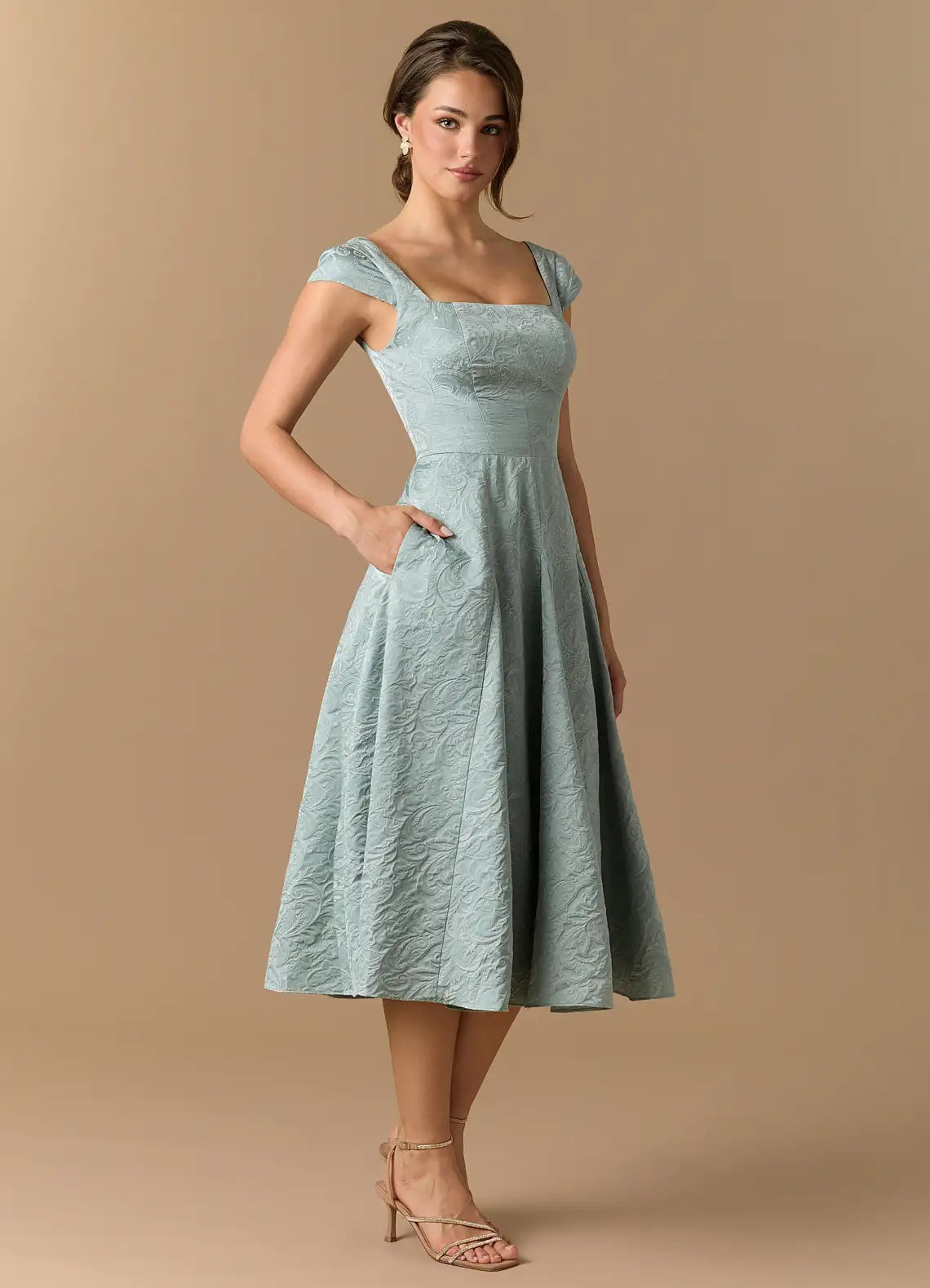 A-Line Square Neck Lace Cap Sleeve Midi Wedding Dress - Yihuiw by Yihuiw