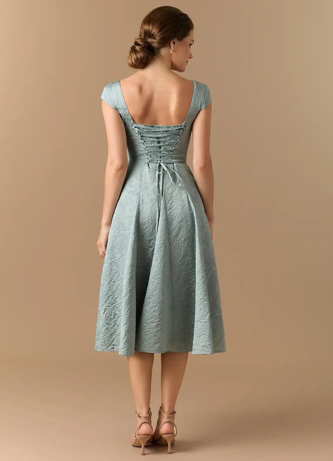 A-Line Square Neck Lace Cap Sleeve Midi Wedding Dress - Yihuiw by Yihuiw