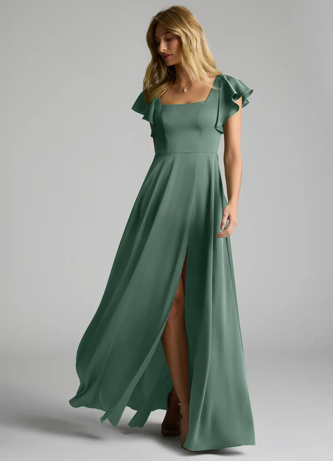 Square Neck Satin Short Sleeve High Slit Floor-Length Wedding Dress - Yihuiw by Yihuiw