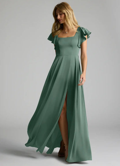 Square Neck Satin Short Sleeve High Slit Floor-Length Wedding Dress - Yihuiw by Yihuiw