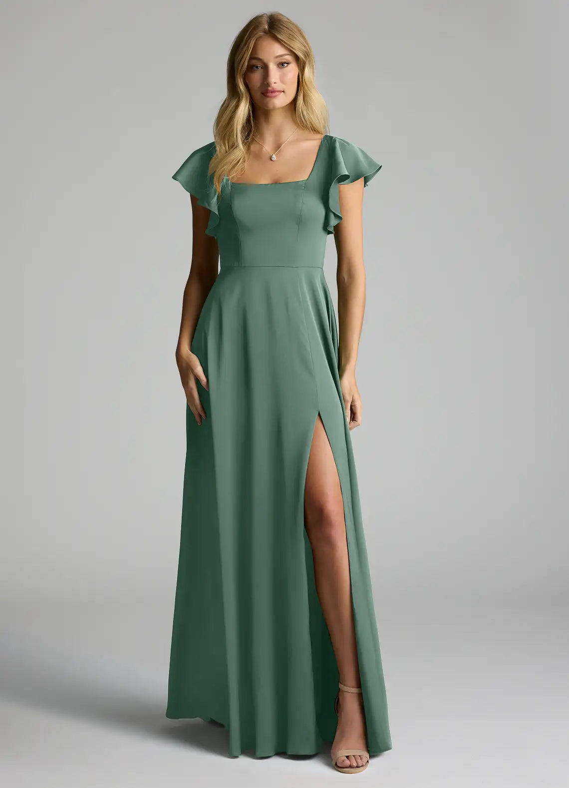 Square Neck Satin Short Sleeve High Slit Floor-Length Wedding Dress - Yihuiw by Yihuiw