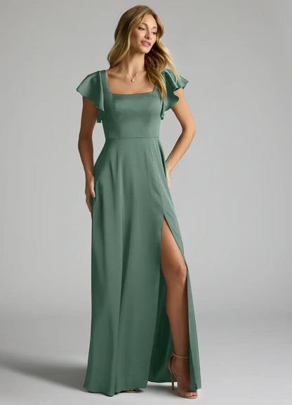 Square Neck Satin Short Sleeve High Slit Floor-Length Wedding Dress - Yihuiw by Yihuiw