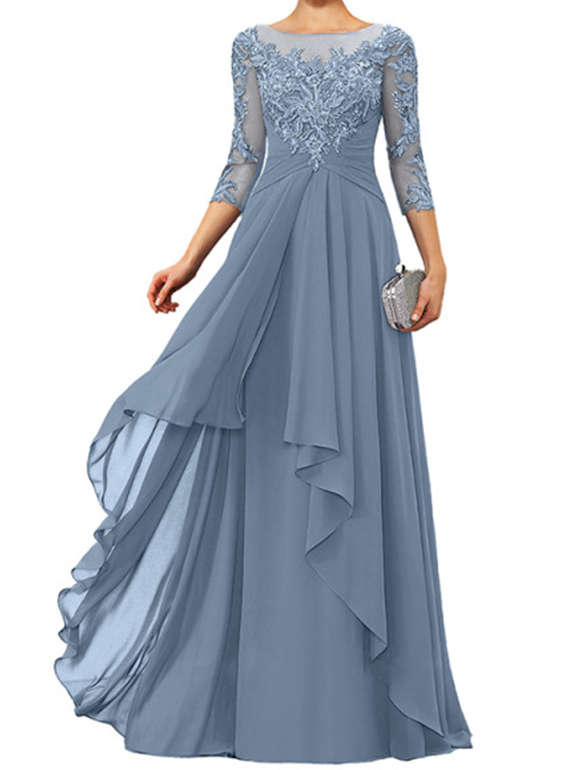 Sheath / Column Mother of the Bride Dress Elegant Jewel Neck Floor Length Chiffon Lace 3/4 Length Sleeve with Appliques by YiHuiw