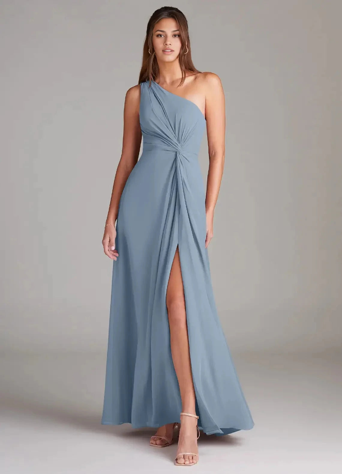 Dusty Blue A-Line One Shoulder Chiffon Dress simple gentle atmospheric and unique desi Bring summer colors to enhance white by YiHuiw