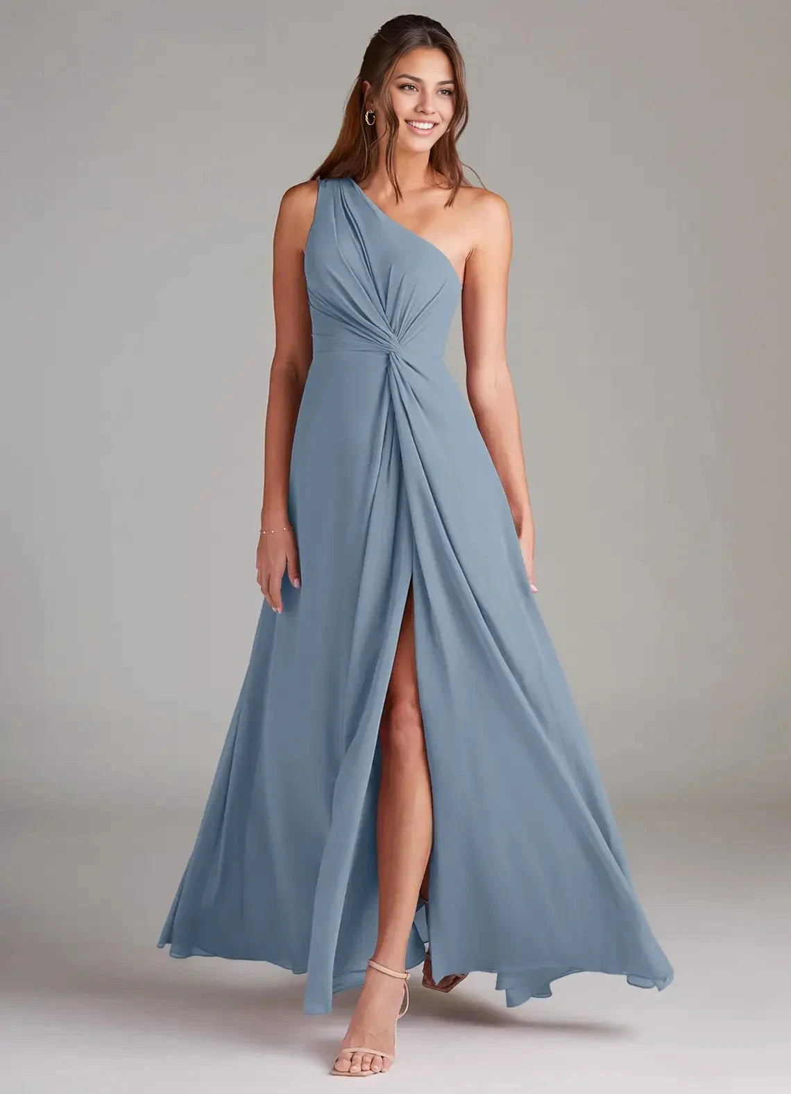 Dusty Blue A-Line One Shoulder Chiffon Dress simple gentle atmospheric and unique desi Bring summer colors to enhance white by YiHuiw