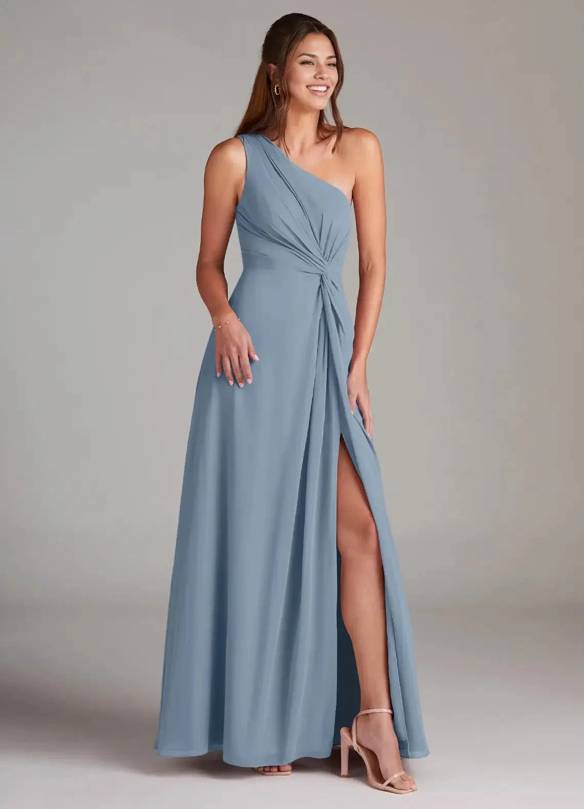 Dusty Blue A-Line One Shoulder Chiffon Dress simple gentle atmospheric and unique desi Bring summer colors to enhance white by YiHuiw