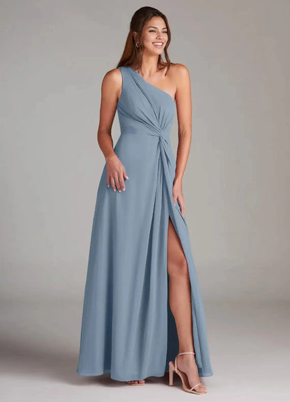 Dusty Blue A-Line One Shoulder Chiffon Dress simple gentle atmospheric and unique desi Bring summer colors to enhance white by YiHuiw
