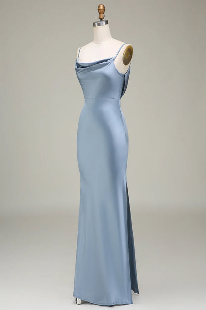 Blue Sheath Spaghetti Strap Satin Wedding Dress - Yihuiw by Yihuiw