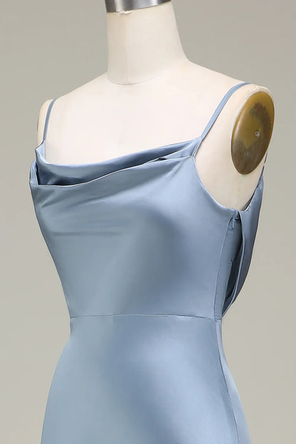 Blue Sheath Spaghetti Strap Satin Wedding Dress - Yihuiw by Yihuiw