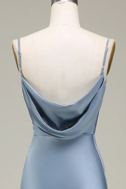 Blue Sheath Spaghetti Strap Satin Wedding Dress - Yihuiw by Yihuiw