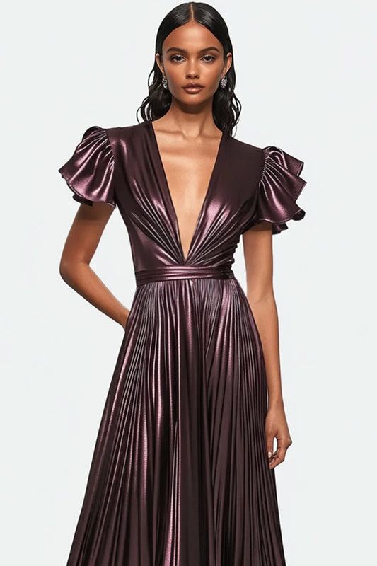 A-Line V-Neck Puff-Sleeve Closed-Back Floor-Length Evening Dress