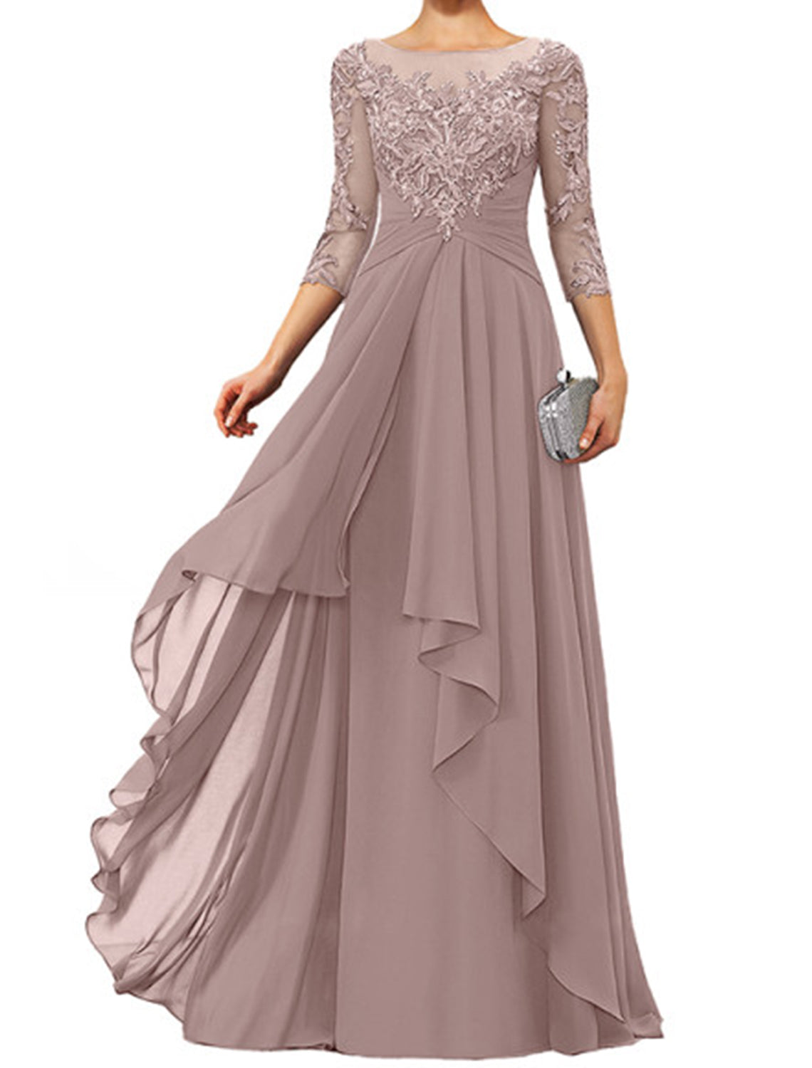 Sheath / Column Mother of the Bride Dress Elegant Jewel Neck Floor Length Chiffon Lace 3/4 Length Sleeve with Appliques by YiHuiw
