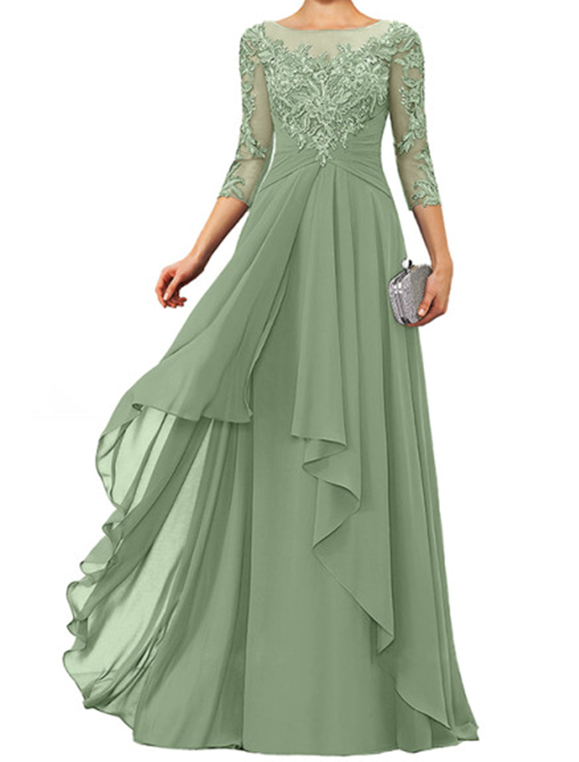 Sheath / Column Mother of the Bride Dress Elegant Jewel Neck Floor Length Chiffon Lace 3/4 Length Sleeve with Appliques by YiHuiw
