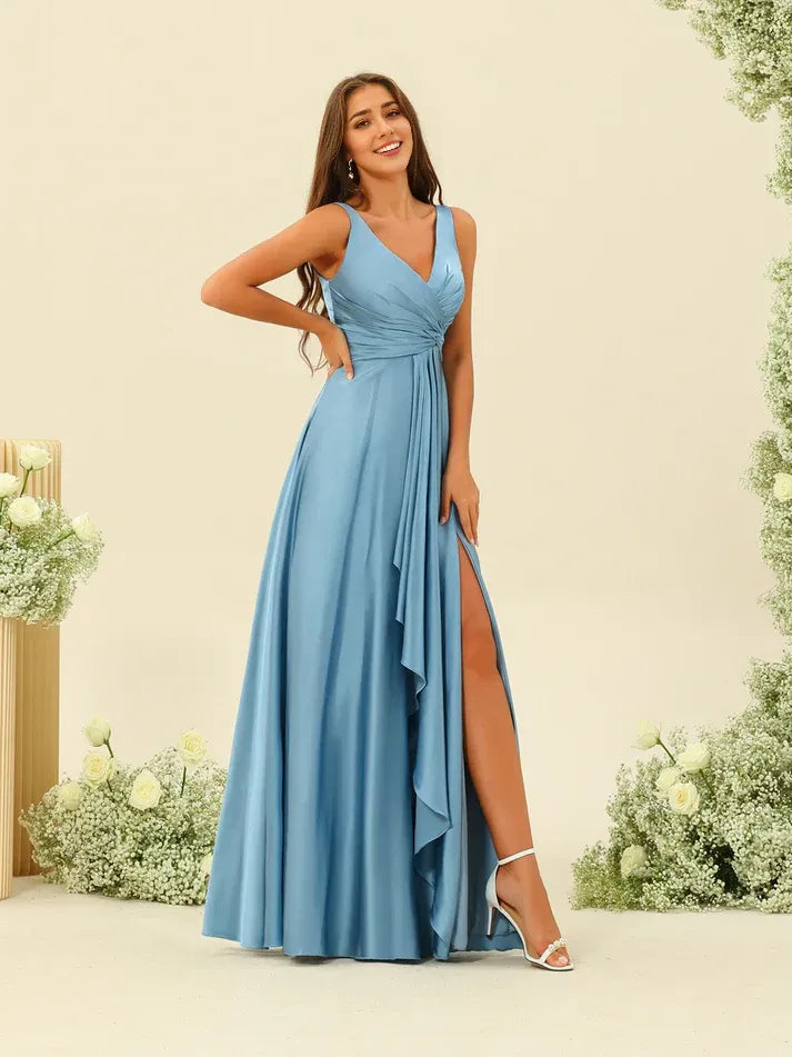 Spaghetti Strap Satin High Slit Wedding Dress - Yihuiw by Yihuiw