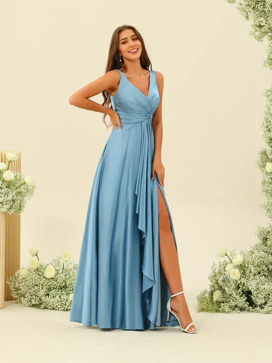Spaghetti Strap Satin High Slit Wedding Dress - Yihuiw by Yihuiw