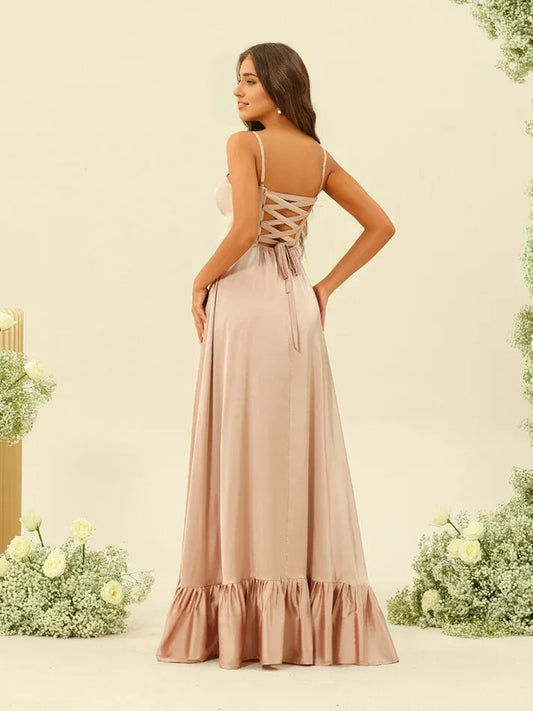 Square Neck Satin High Slit Wedding Dress - Yihuiw by Yihuiw