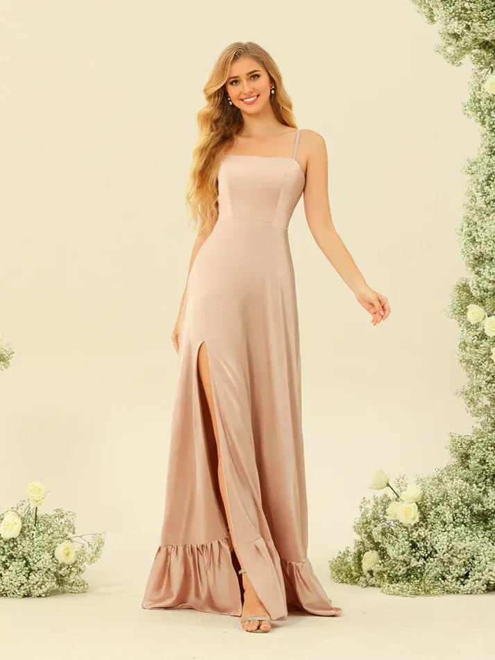 Square Neck Satin High Slit Wedding Dress - Yihuiw by Yihuiw