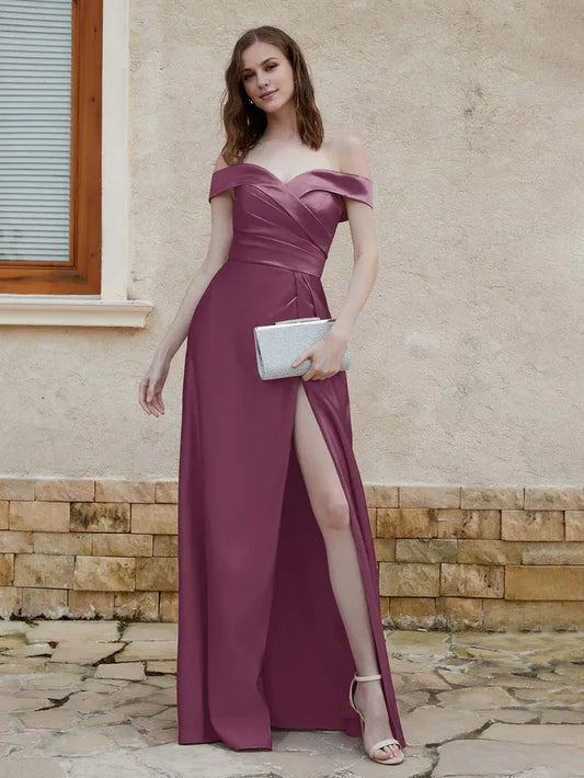 Sheath High Neck Satin High Slit Wedding Dress - Yihuiw by Yihuiw