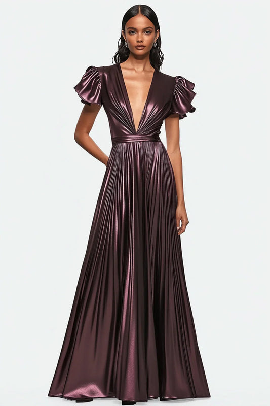 A-Line V-Neck Puff-Sleeve Closed-Back Floor-Length Evening Dress
