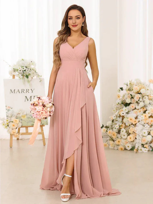 Chiffon Sleeveless High Slit Wedding Dress - Yihuiw by Yihuiw