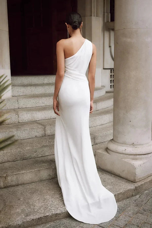 Edgy Satin Sheath One-Shoulder Cutout Ruched-Bodice High-Slit Train Wedding Dress by YiHuiw
