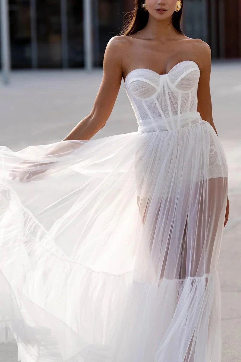 Edgy Tulle Ballgown Strapless Corset-Bodice Sheer-Layer Ruffle-Train Wedding Dress by YiHuiw