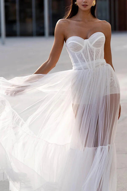 Edgy Tulle Ballgown Strapless Corset-Bodice Sheer-Layer Ruffle-Train Wedding Dress by YiHuiw