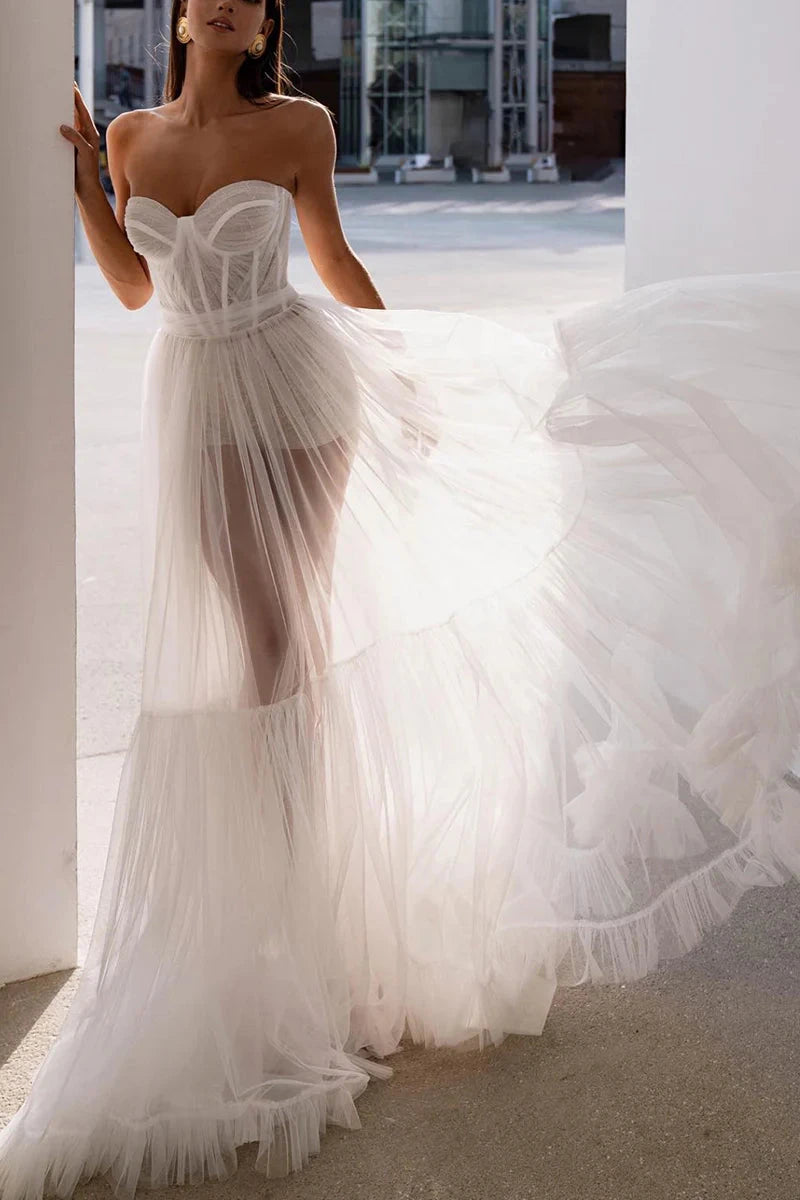 Edgy Tulle Ballgown Strapless Corset-Bodice Sheer-Layer Ruffle-Train Wedding Dress by YiHuiw