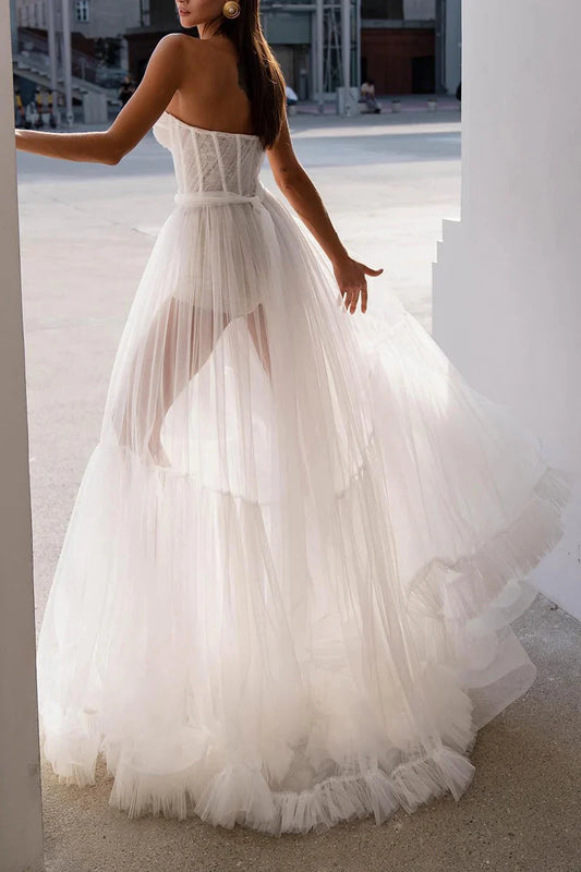 Edgy Tulle Ballgown Strapless Corset-Bodice Sheer-Layer Ruffle-Train Wedding Dress by YiHuiw