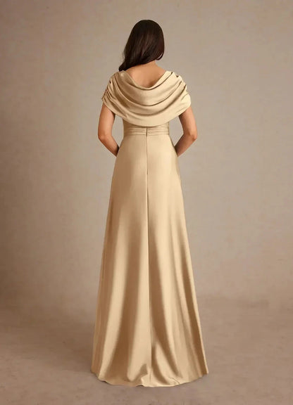 Elegant A Line Cowl Neck Short Sleeve Ruched Back Floor Length Mother of the Bride Dress by YiHuiw