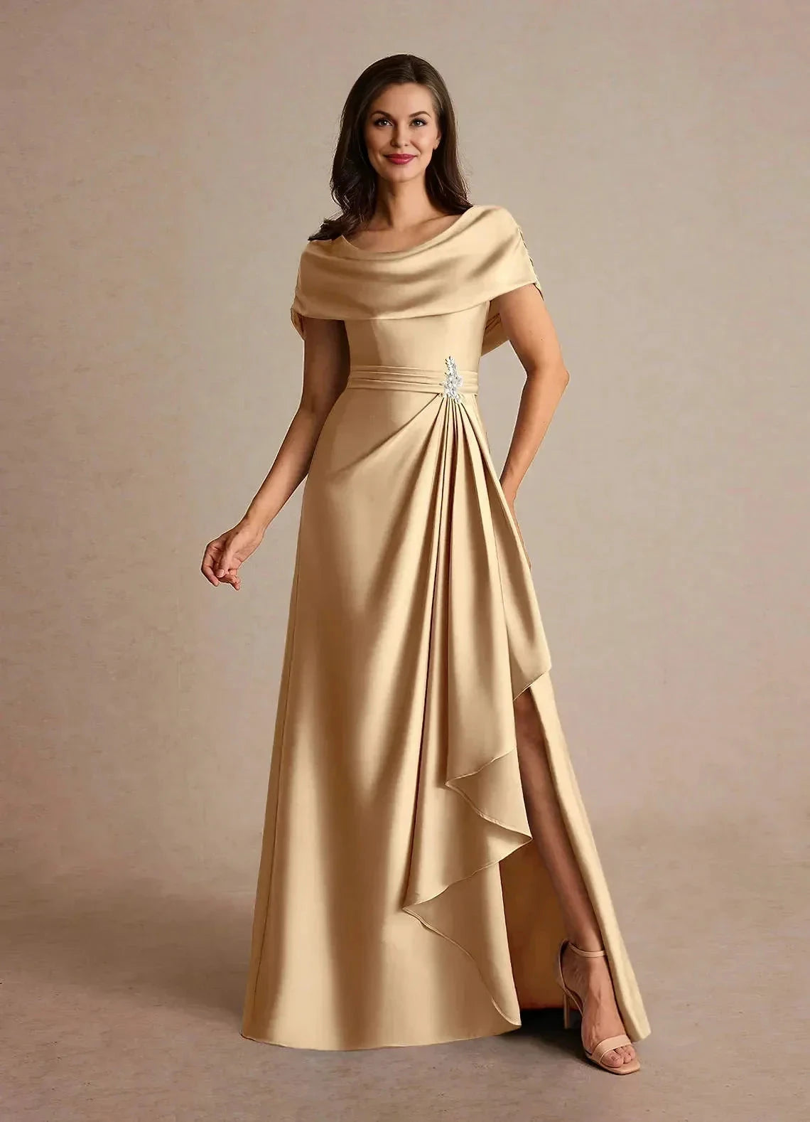 Elegant A Line Cowl Neck Short Sleeve Ruched Back Floor Length Mother of the Bride Dress by YiHuiw