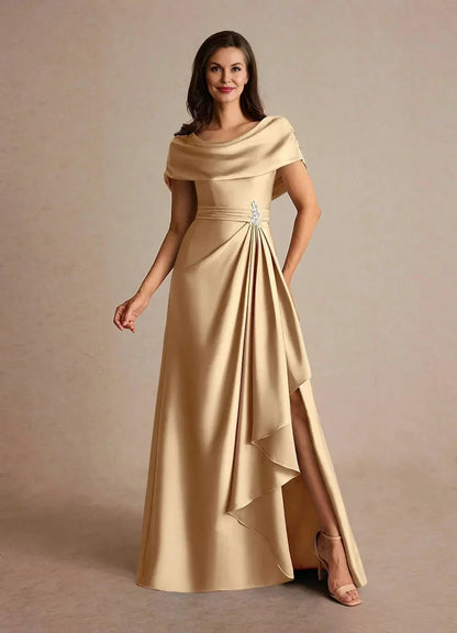 Elegant A Line Cowl Neck Short Sleeve Ruched Back Floor Length Mother of the Bride Dress by YiHuiw