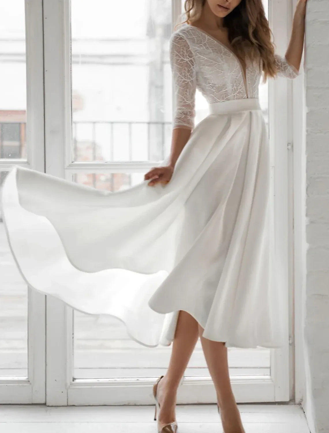 A-Line Open Back Midi Wedding Dress - Yihuiw by Yihuiw