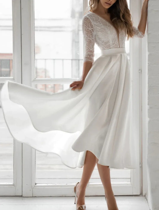 A-Line Open Back Midi Wedding Dress - Yihuiw by Yihuiw