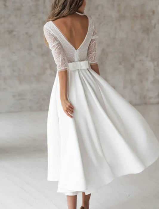 A-Line Open Back Midi Wedding Dress - Yihuiw by Yihuiw
