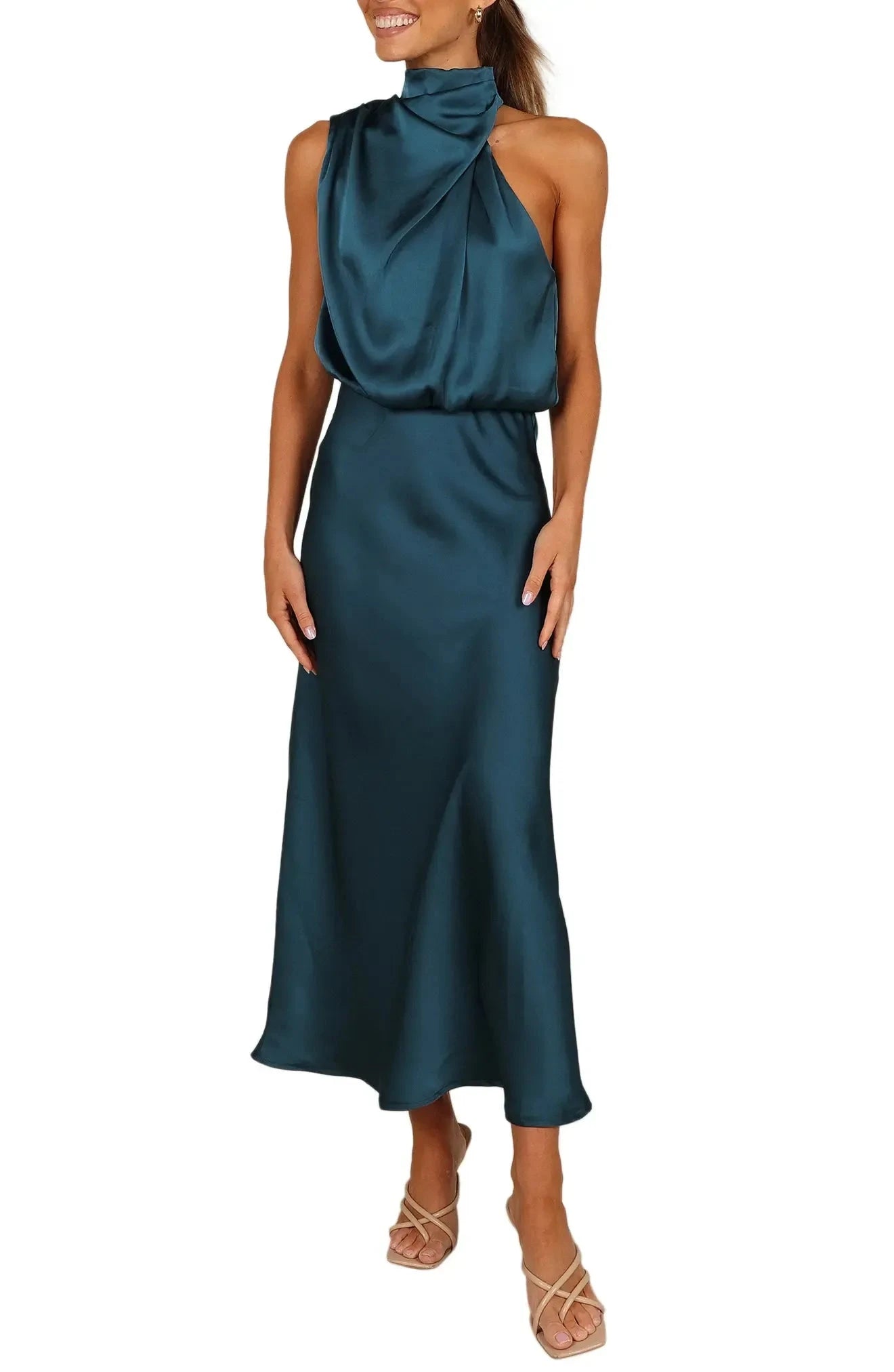 Elegant A Line Halter Neck Sleeveless Ruched Back Midi Hot Sale Evening Dress by YiHuiw