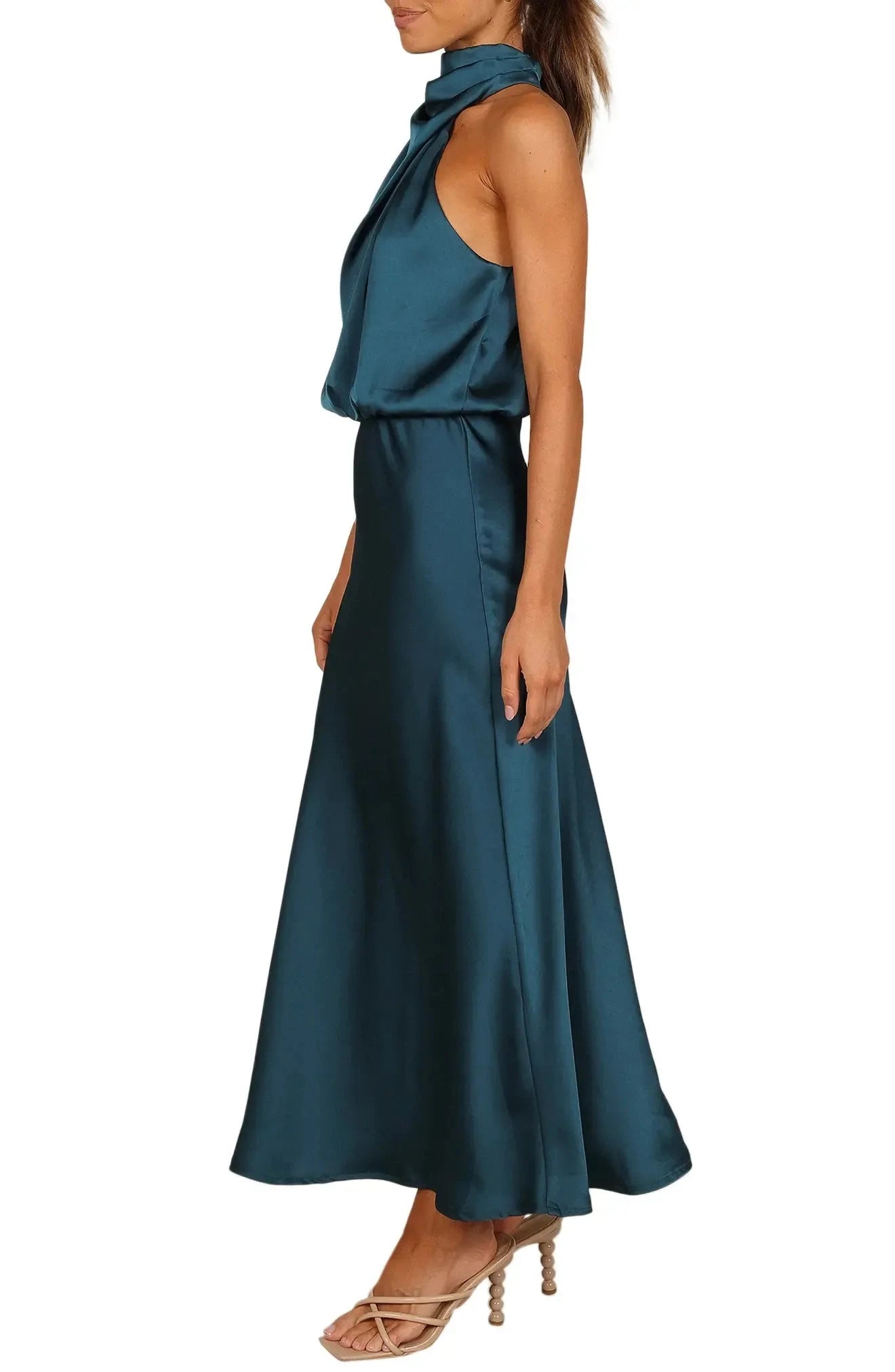Elegant A Line Halter Neck Sleeveless Ruched Back Midi Hot Sale Evening Dress by YiHuiw