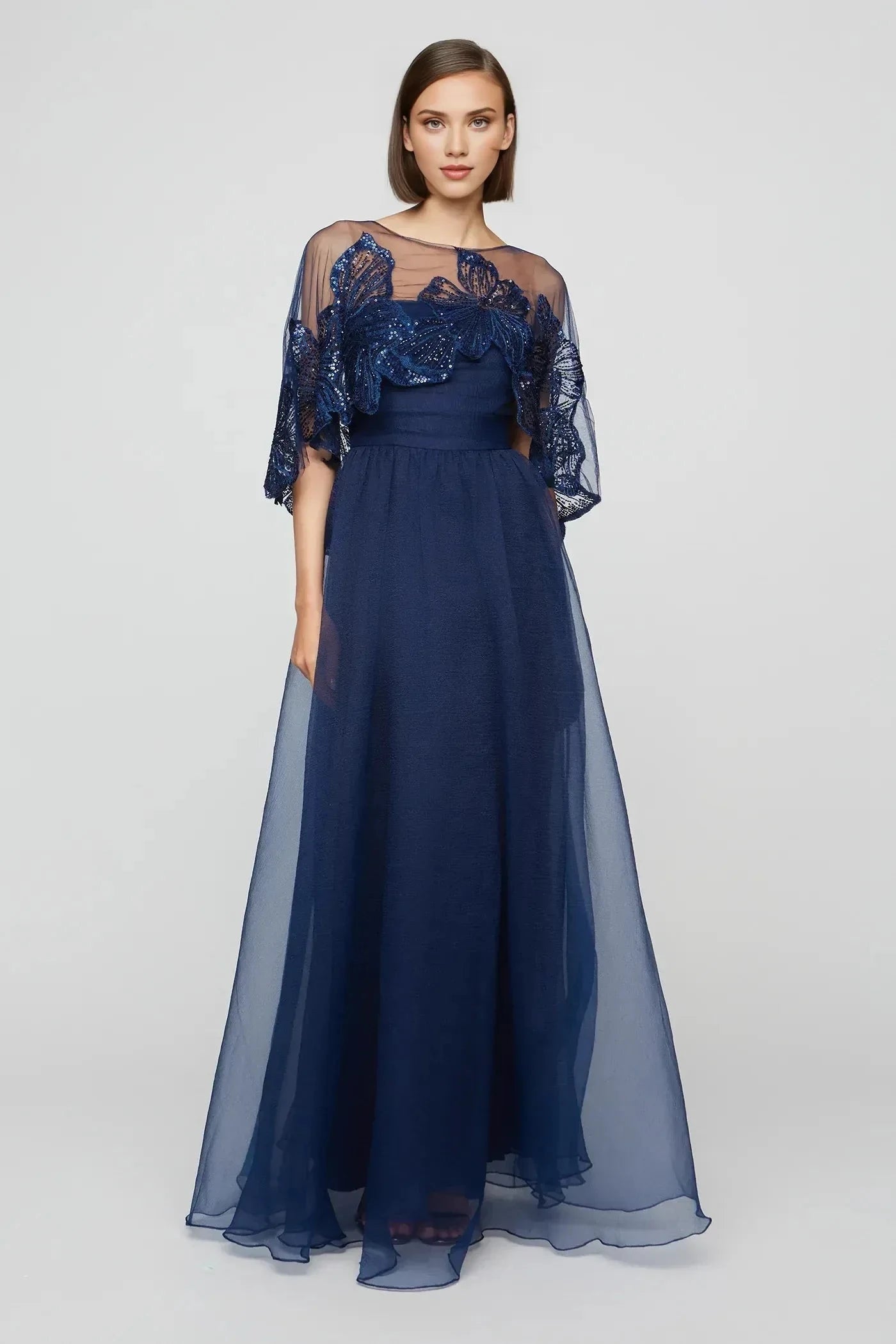 Elegant A Line Illusion Neck Embroidered Sleeve Keyhole Back Floor Length Prom Dress by YiHuiw